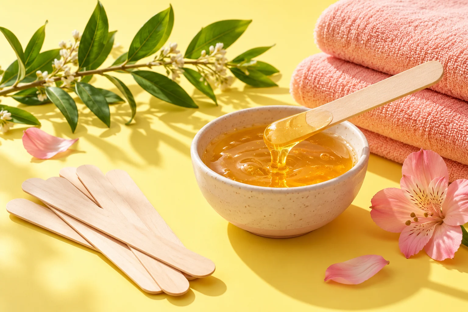 Composição de cera cosmética, espátulas e toalhas em tons alegres